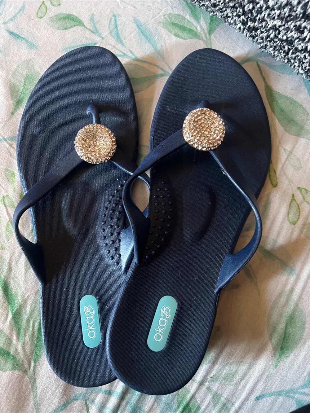 OKA b. Navy Sandal with Gold Crystal Medallion